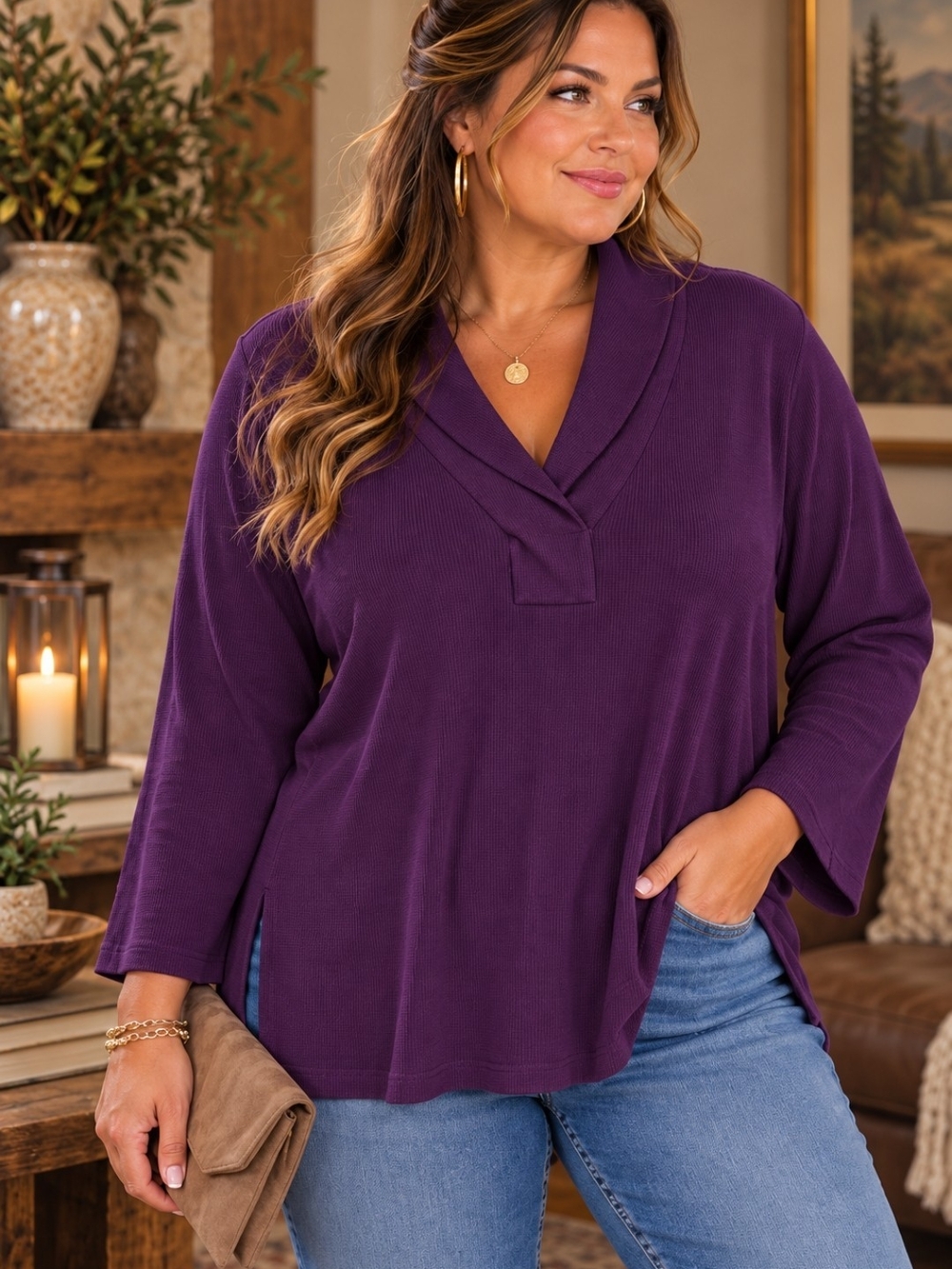 Roaman's Deep Purple Waffle Knit Shawl Collar V Neck Top Plus 2X 26/28 Soft Cozy